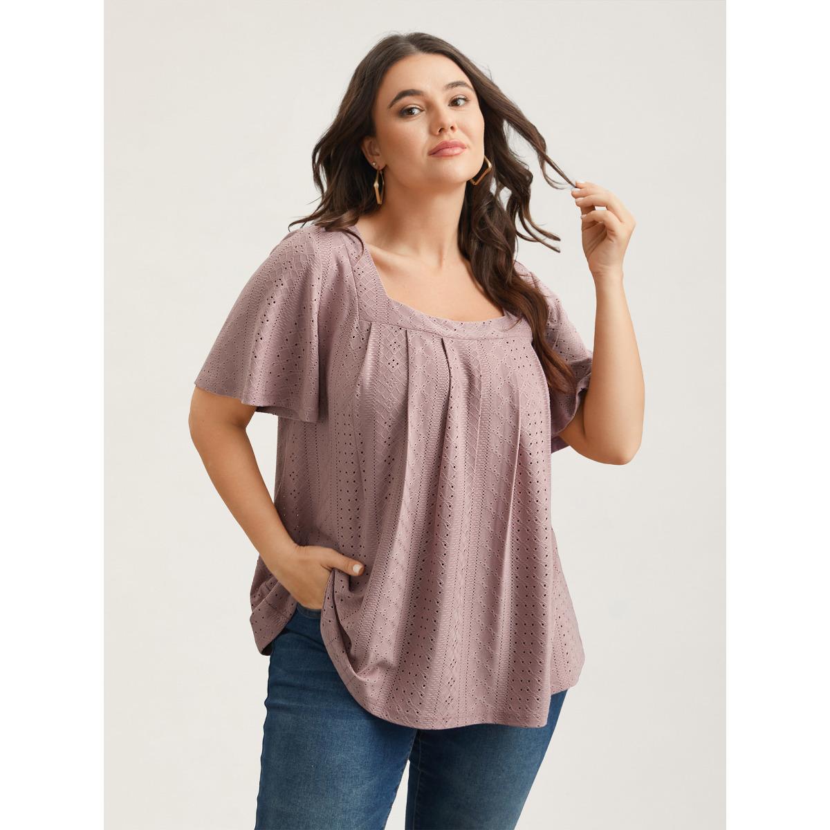 Plus Size Textured Cut-Out Square Neck Shirt DustyPink Women Leisure Texture Square Neck Casual T-shirts BloomChic 26/4X Product Image