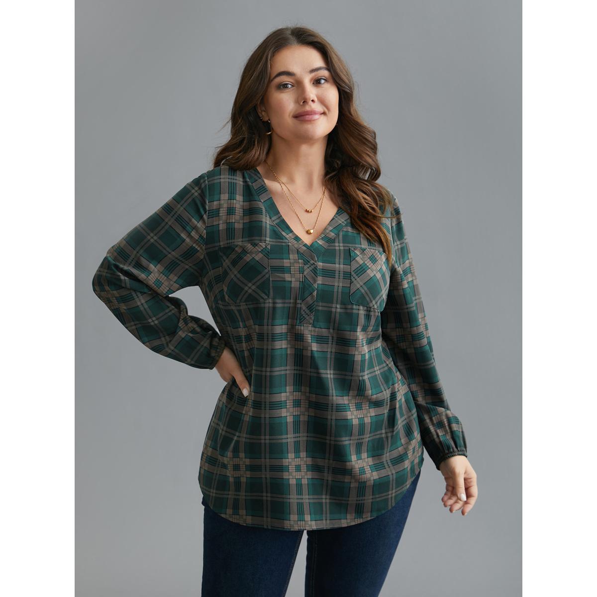 Plus Size DarkSlateGray Plaid Pattern Chest Pocket Blouse Women Elegant Extra Long Sleeve V-neck Everyday Blouses BloomChic 26/4X Product Image