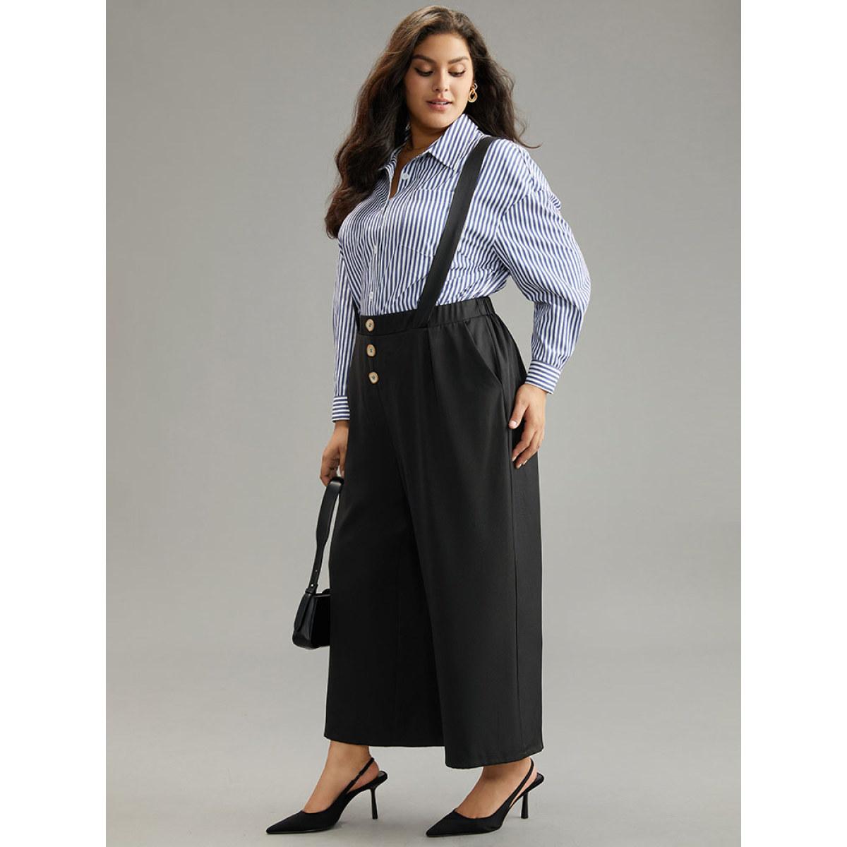 Plus Size Plain Button Detail Pocket Overall Pants Women Black Office Straight Leg High Rise Work Pants BloomChic 10/M Product Image