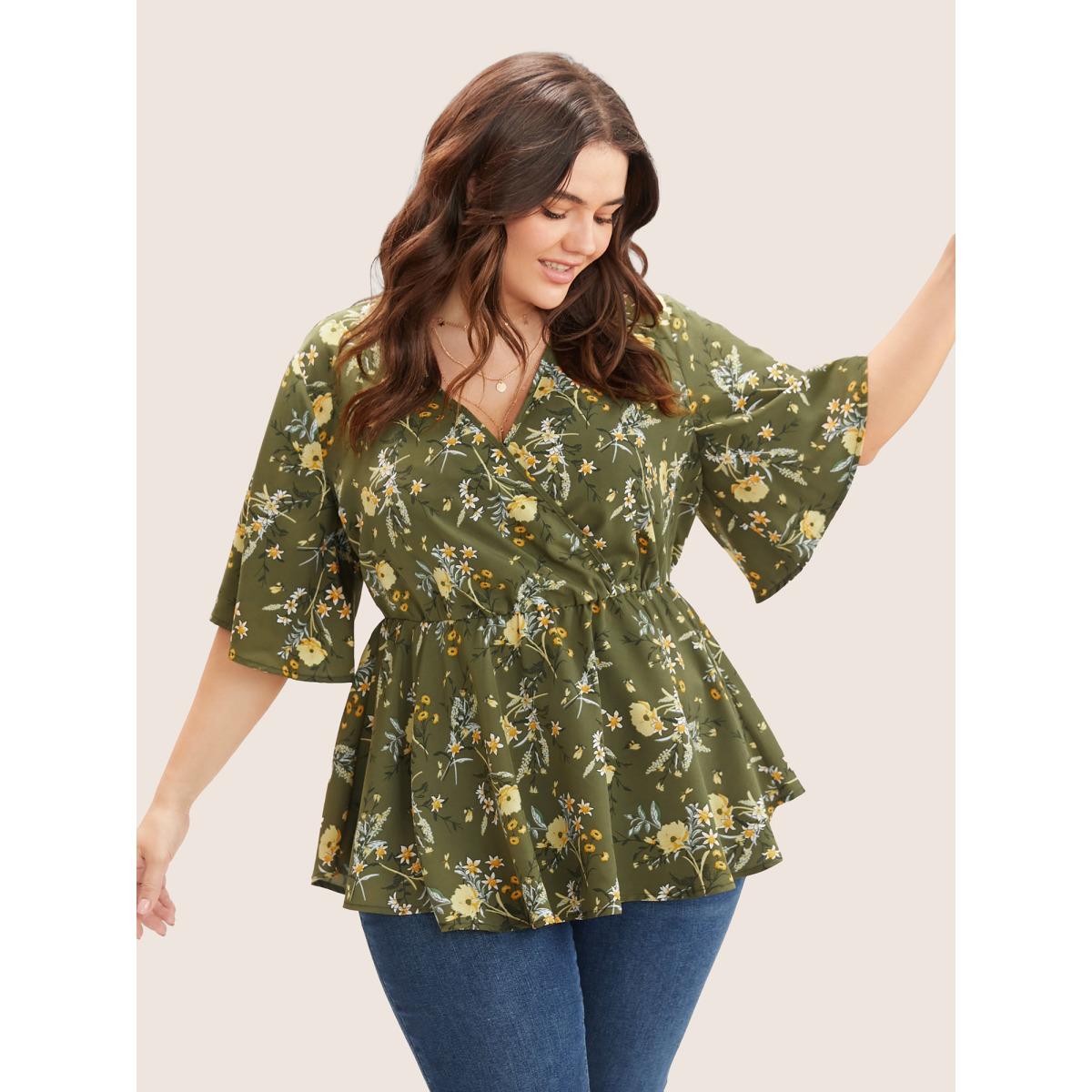 Plus Size Moss Floral Print Ruffles Surplice Neck Blouse Women Elegant Half Sleeve V-neck Everyday Blouses BloomChic 30/6X Product Image