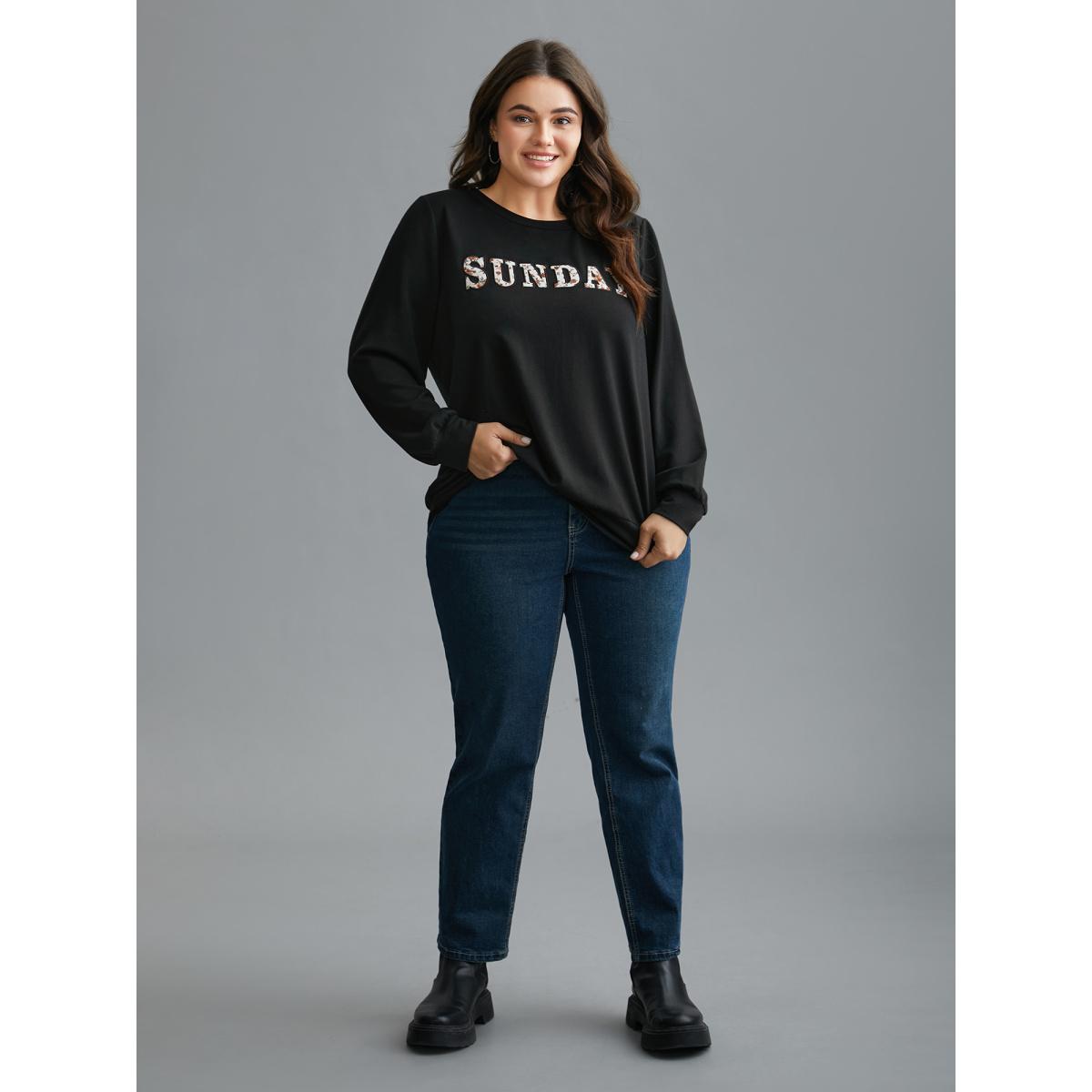 Plus Size Sunday Patchwork Embroidered Sweatshirt Women Black Casual Embroidered Round Neck Everyday Sweatshirts BloomChic 12/L Product Image