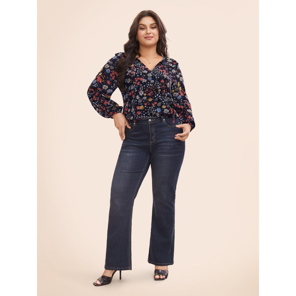 Plus Size Indigo Chiffon Floral Tie Knot Ruffle Trim Blouse Women Elegant Long Sleeve V-neck Everyday Blouses BloomChic 18-20/2X Product Image