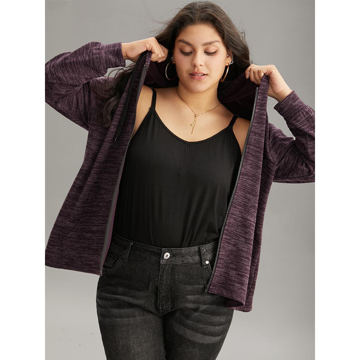 Plus Size Solid Heather Pocket Hooded Zipper Sweatshirt Women Purple Casual Heather Hooded Dailywear Sweatshirts BloomChic 18-20/2X Product Image