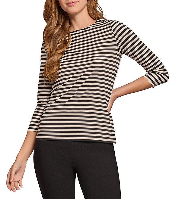 Jones New York Spandex Jersey Stripe Printed Shoulder-Button Boat Neck 3/4 Sleeve Top Product Image