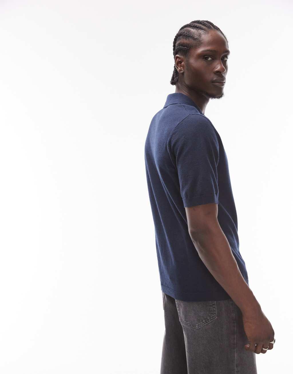 Topman short sleeve knit open revere shirt in navy Product Image