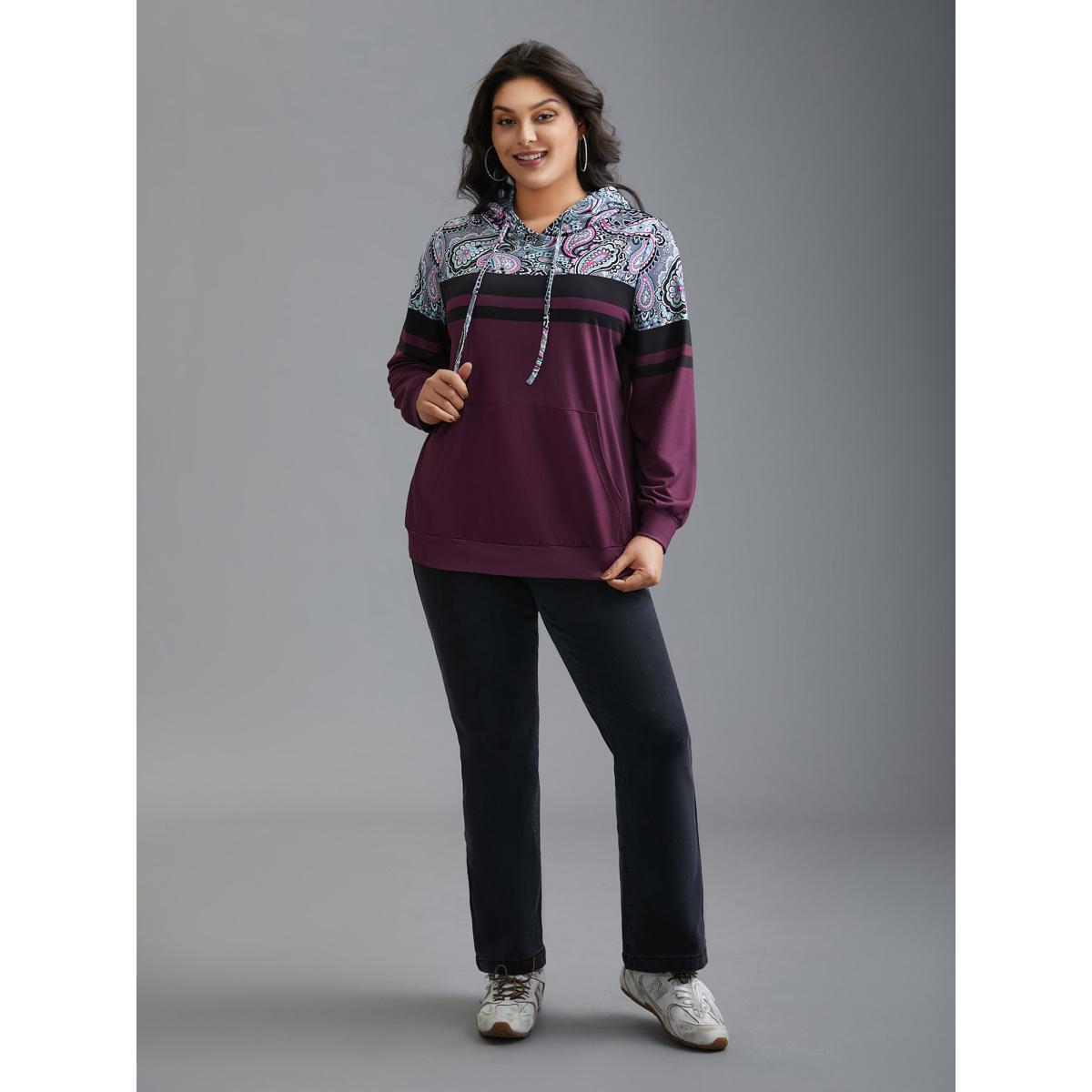 Plus Size Bandana Print Stretchy Contrast Hoodie Women Multicolor Casual Contrast Hooded Everyday Sweatshirts BloomChic 22-24/3X Product Image