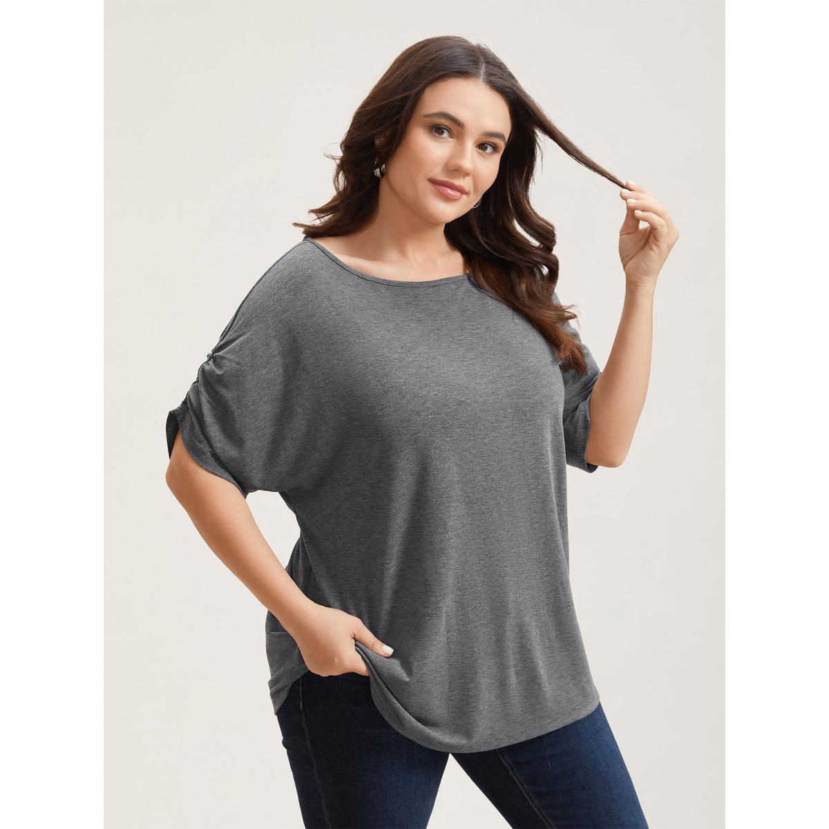 Plus Size Stretchy Solid Color Gathered Sleeve T-Shirt DimGray Women Leisure Gathered Round Neck Casual T-shirts BloomChic 18-20/2X Product Image