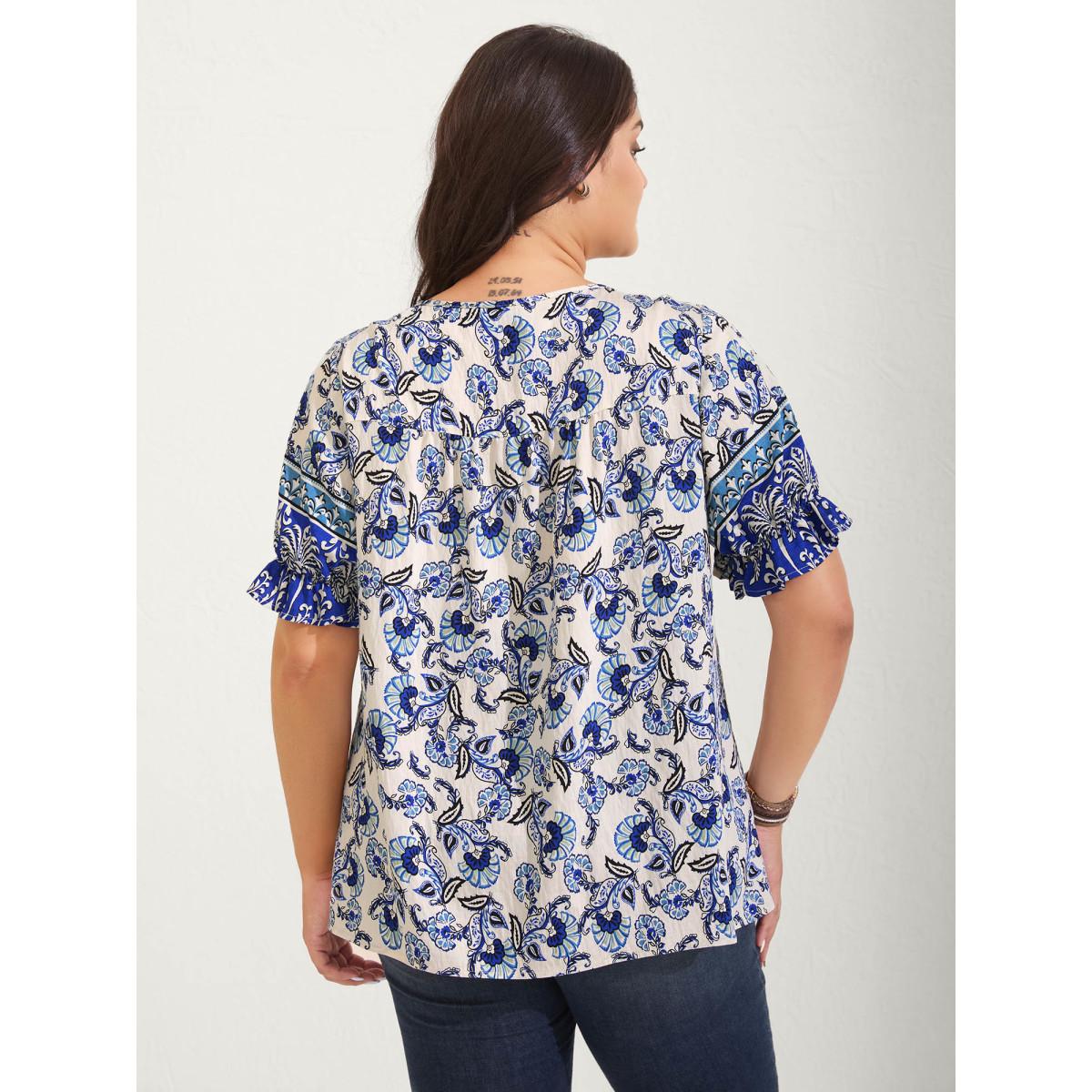 Plus Size DarkBlue Boho Floral Print Neck Tassels Blouse Women Short sleeve Flat collar with V-notch Vacation Blouses BloomChic 26/4X Product Image
