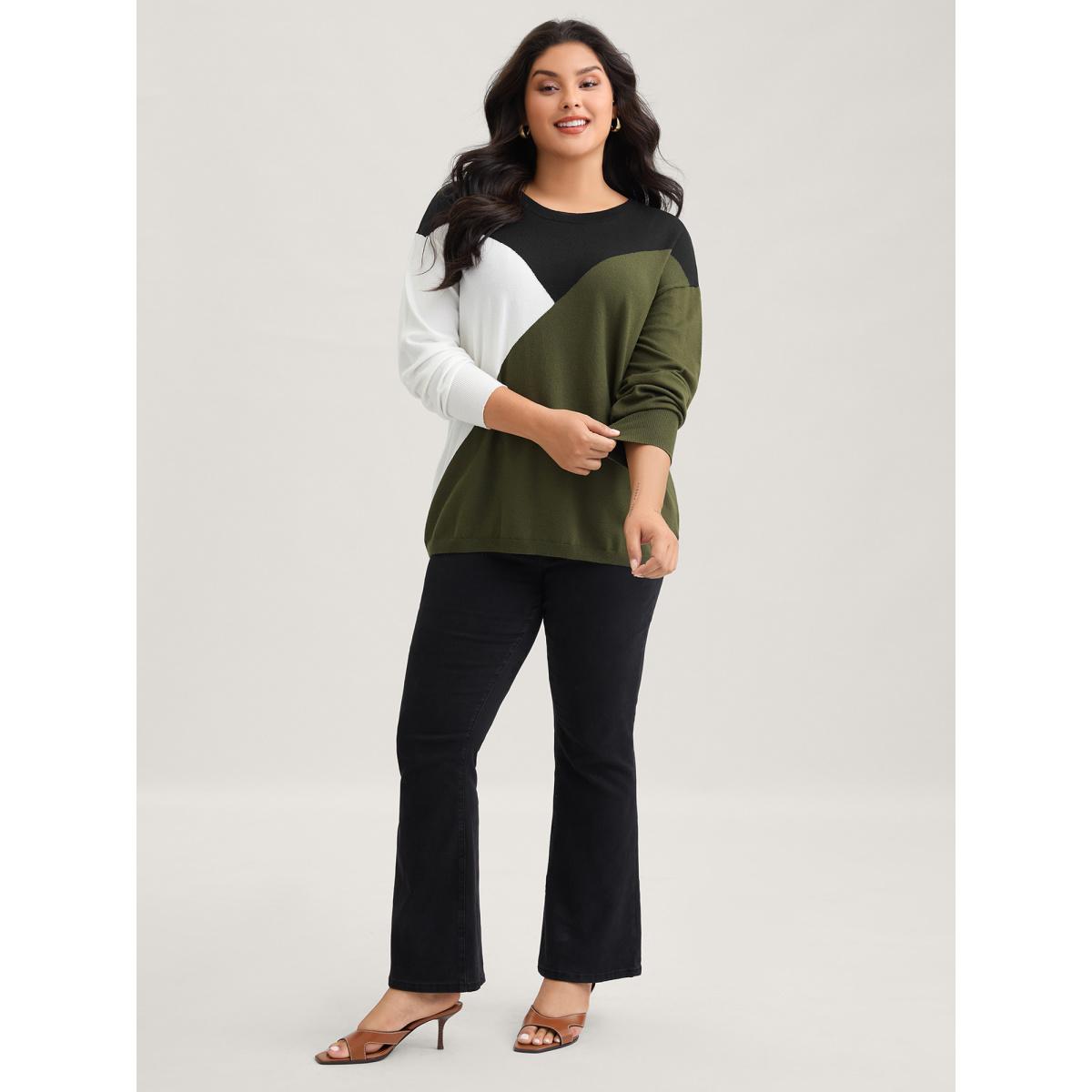 Plus Size Supersoft Essentials Colorblock Contrast Pullover ArmyGreen Women Leisure Long Sleeve Round Neck Casual Pullovers BloomChic 26/4X Product Image