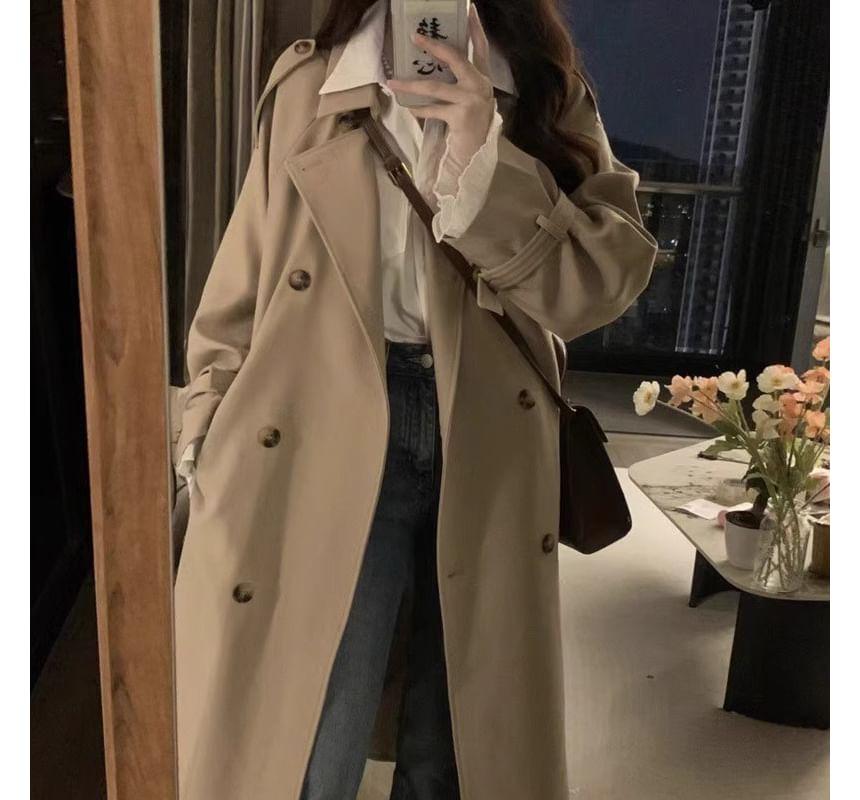 Lapel Collar Plain Double Breasted Trench Coat Product Image