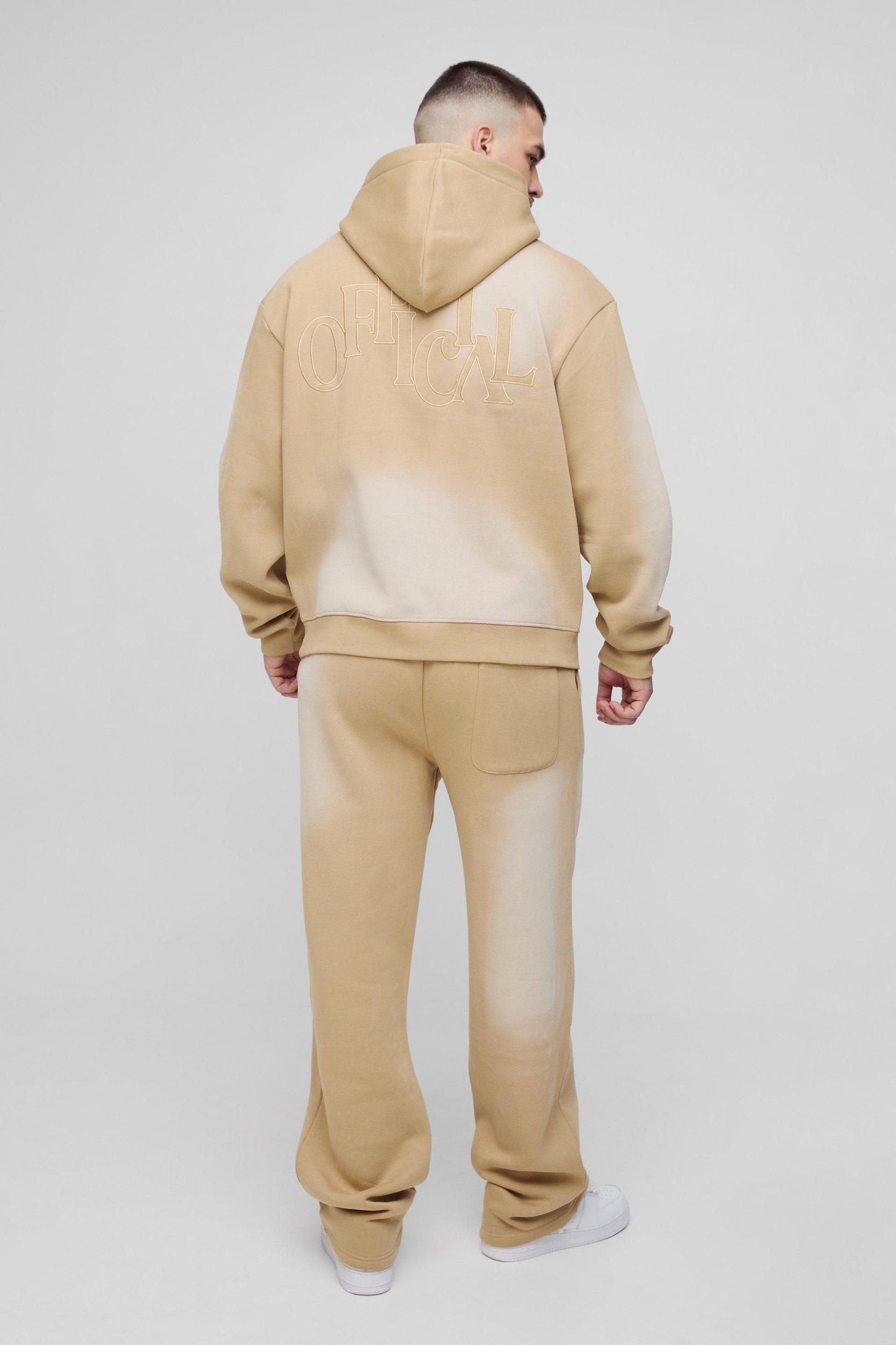 Tall Oversized Boxy Distressed Official Applique Spray Wash Hooded Tracksuit | boohooMAN USA Product Image