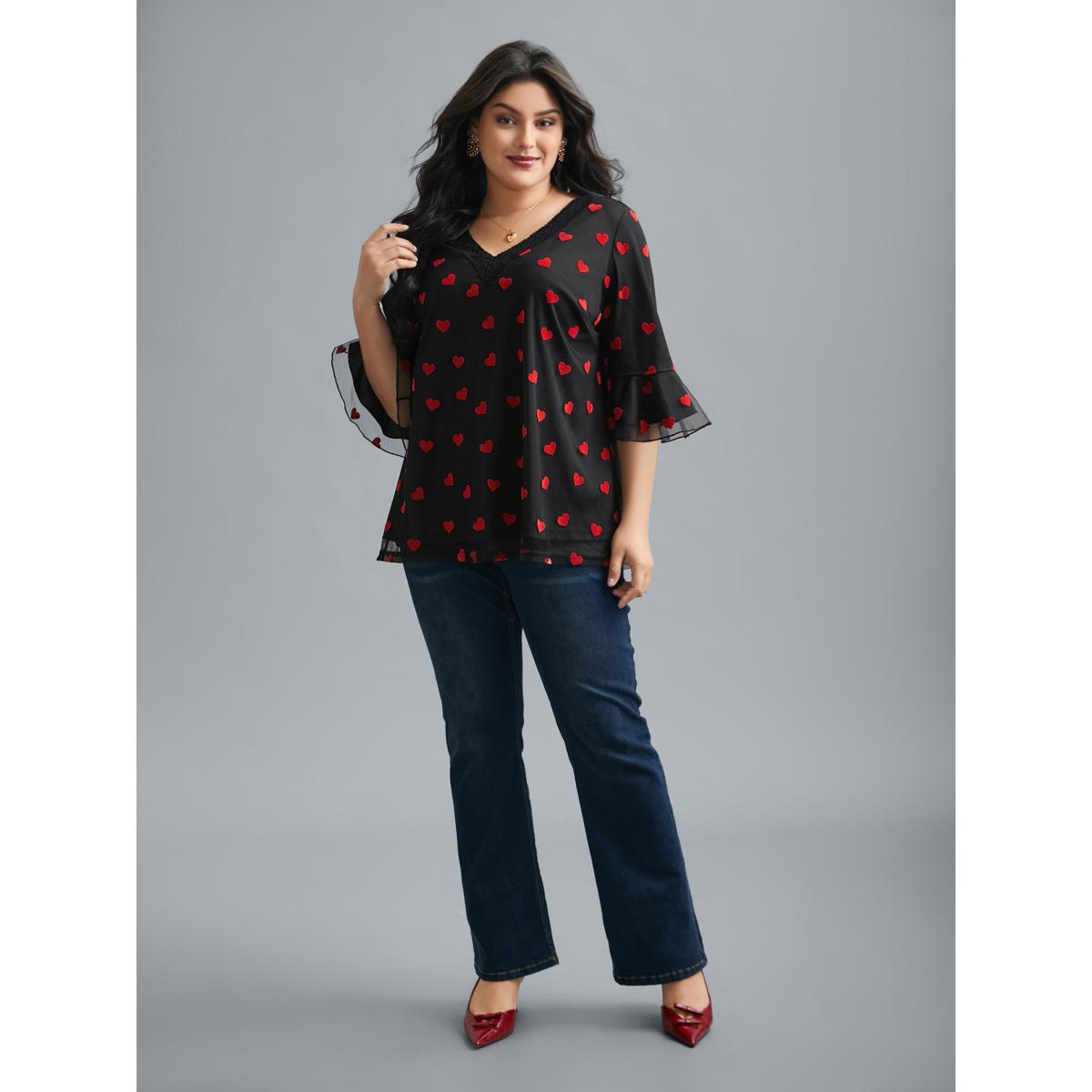Plus Size Black V-Neck Hearts Mesh Lace Detailing Blouse Women Elegant Elbow-length sleeve V-neck Everyday Blouses BloomChic 14-16/1X Product Image