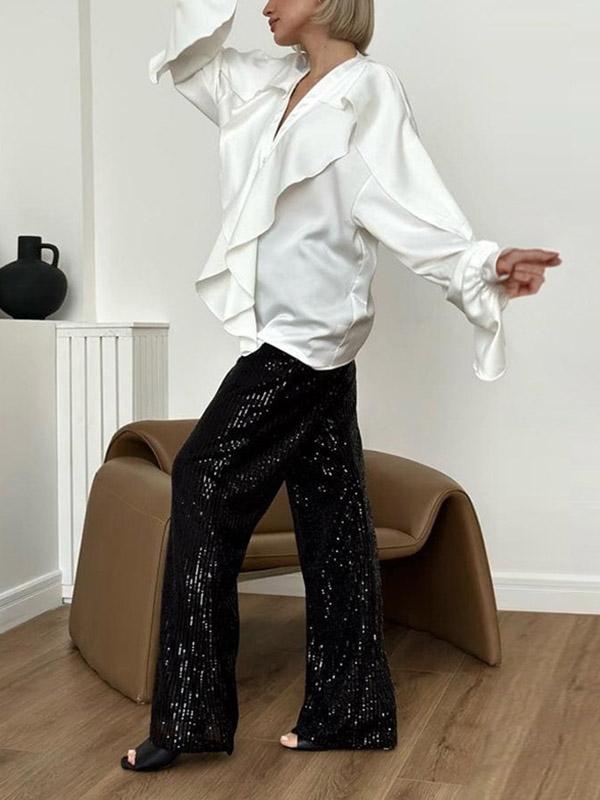 Loose Puff Sleeves Solid Color Split-Joint Tiered V-Neck Blouses&Shirts Tops Product Image