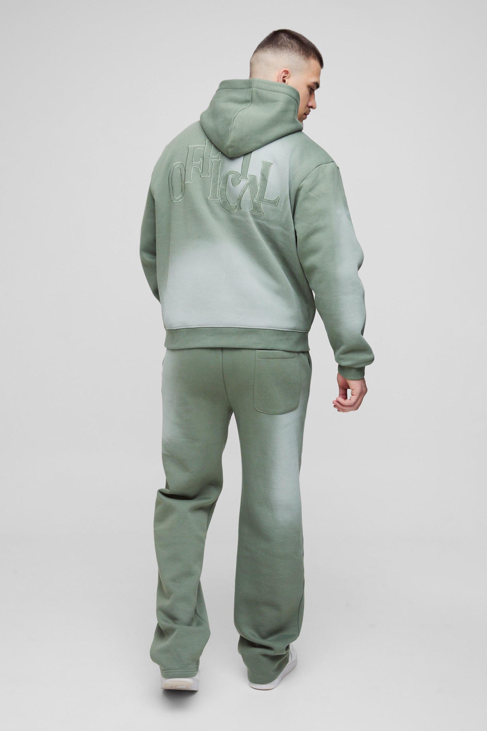 Tall Oversized Boxy Distressed Official Applique Spray Wash Hooded Tracksuit | boohooMAN USA Product Image
