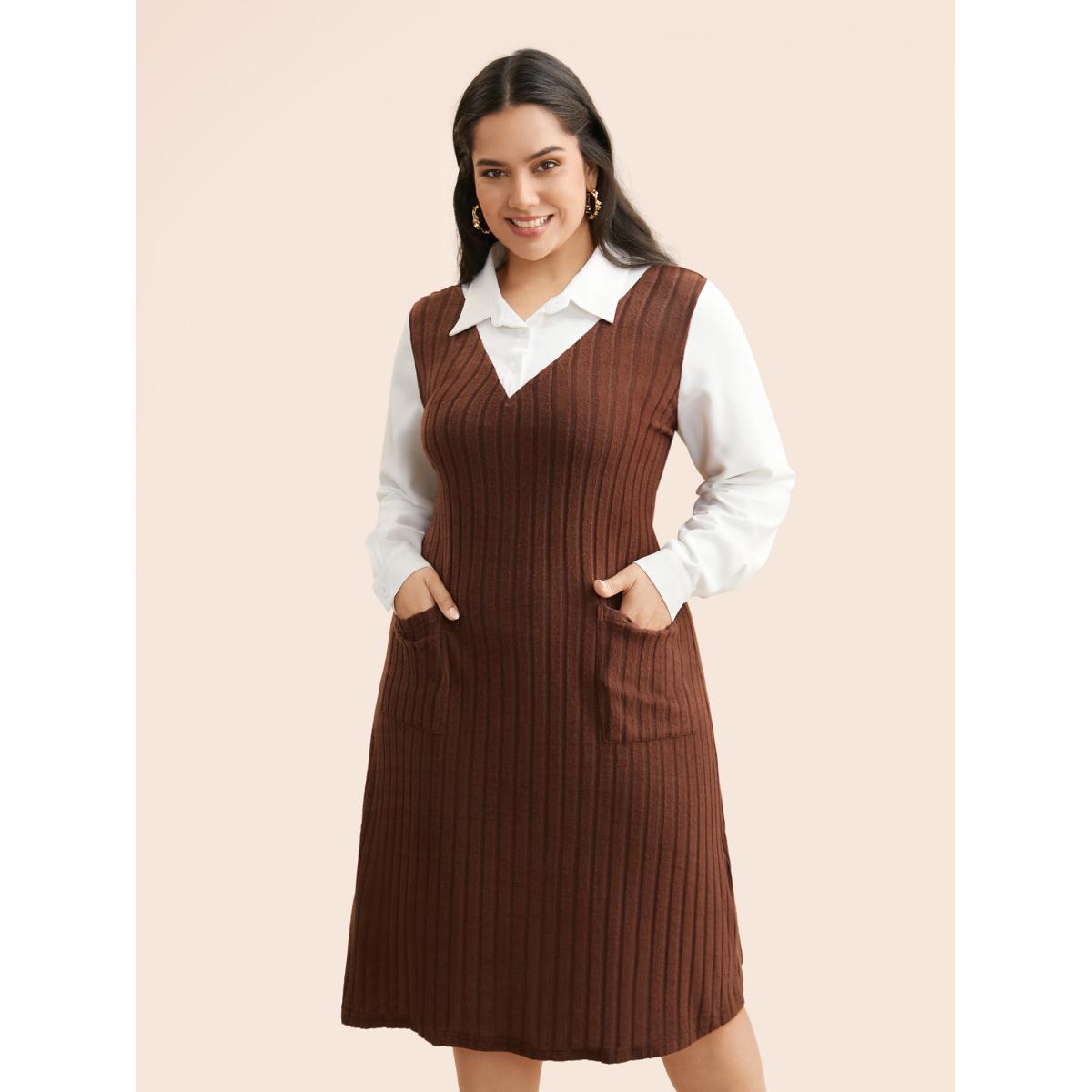 Plus Size Shirt Collar Rib Knit Patchwork Dress Browncoffeecolor Women Casual Texture Shirt collar Long Sleeve Curvy BloomChic 10/M Product Image