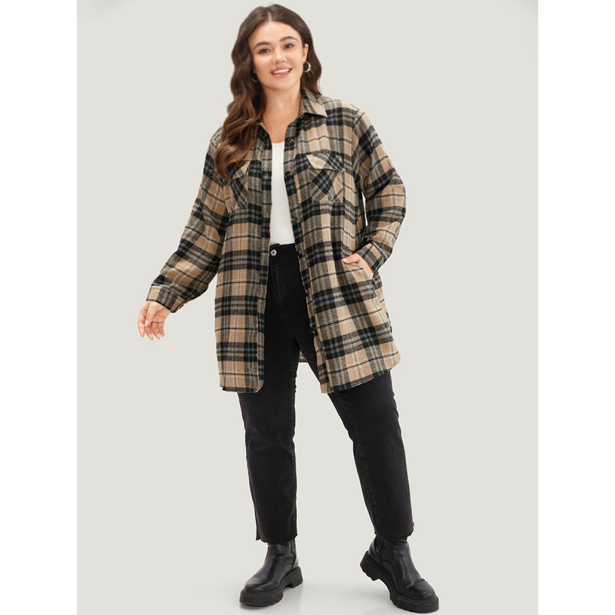 Plus Size Plaid Flap Pocket Curved Hem Coat Women Tan Contrast Pocket Dailywear Jackets BloomChic 10/M Product Image