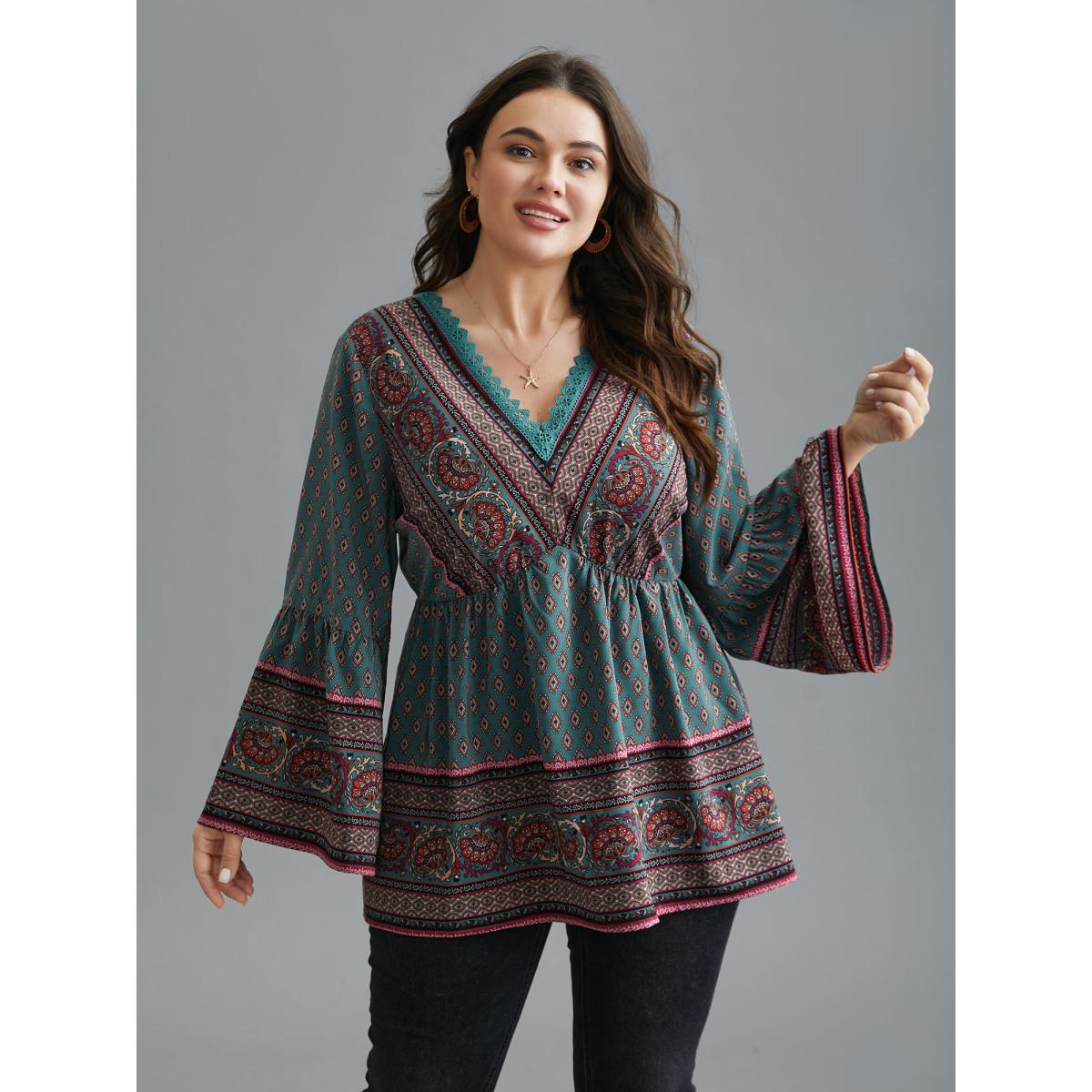 Plus Size DarkSlateGray Boho Print Lace Trim V-Neck Ruffle Sleeve Blouse Women Resort Long Sleeve V-neck Vacation Blouses BloomChic 28/5X Product Image