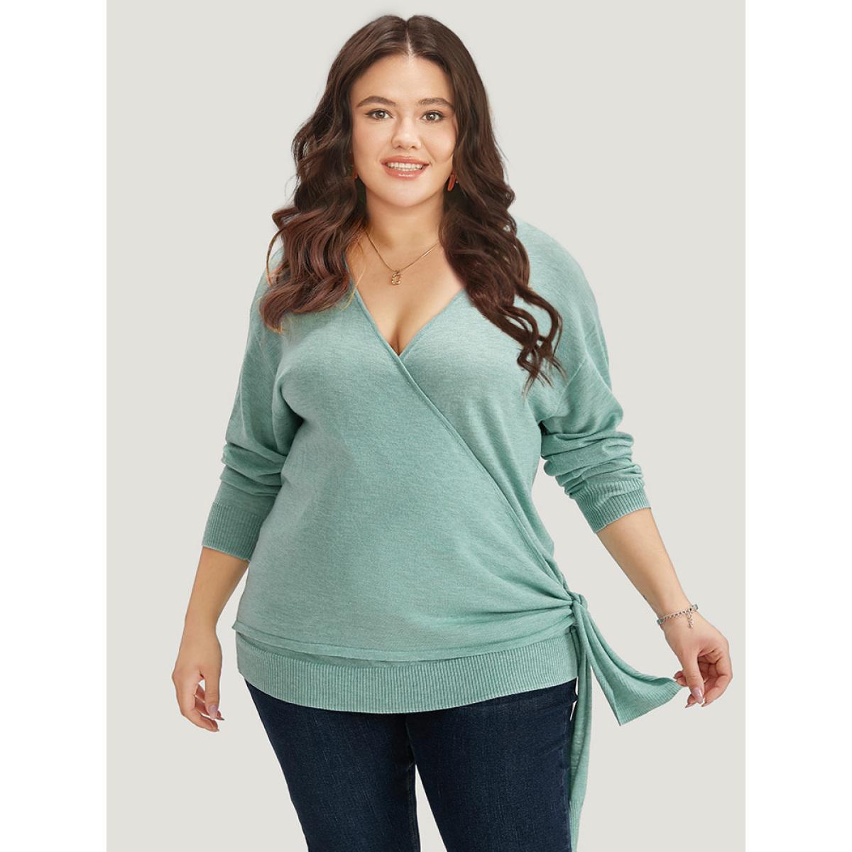 Plus Size Supersoft Essentials Plain Crossover Ties Elastic Cuffs Pullover Mint Women Casual Loose Long Sleeve V-neck Dailywear Pullovers BloomChic 28/5X Product Image