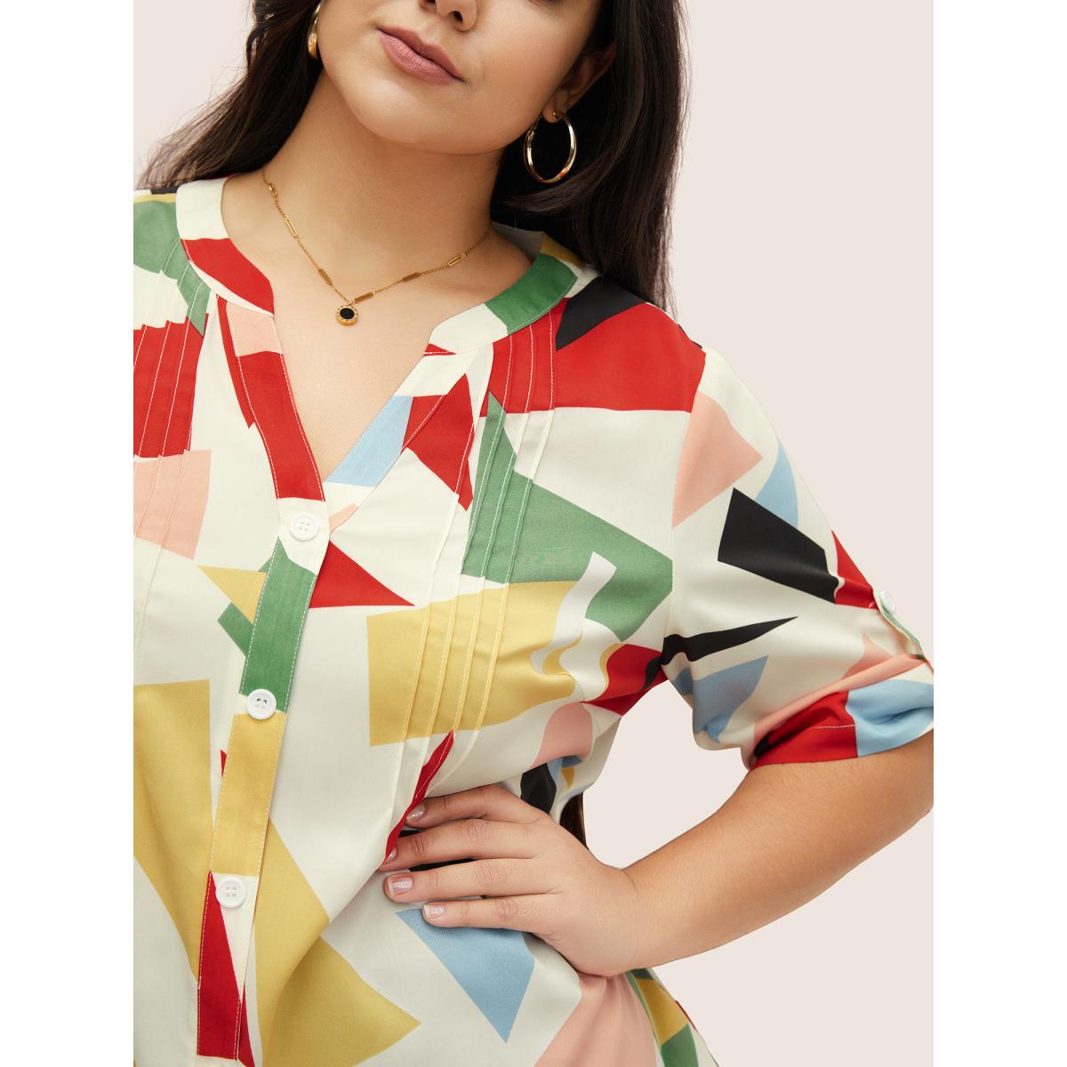 Plus Size Ivory Geometric Notched Pleated Tab Sleeve Blouse Women At the Office Elbow-length sleeve Flat collar Work Blouses BloomChic 22-24/3X Product Image