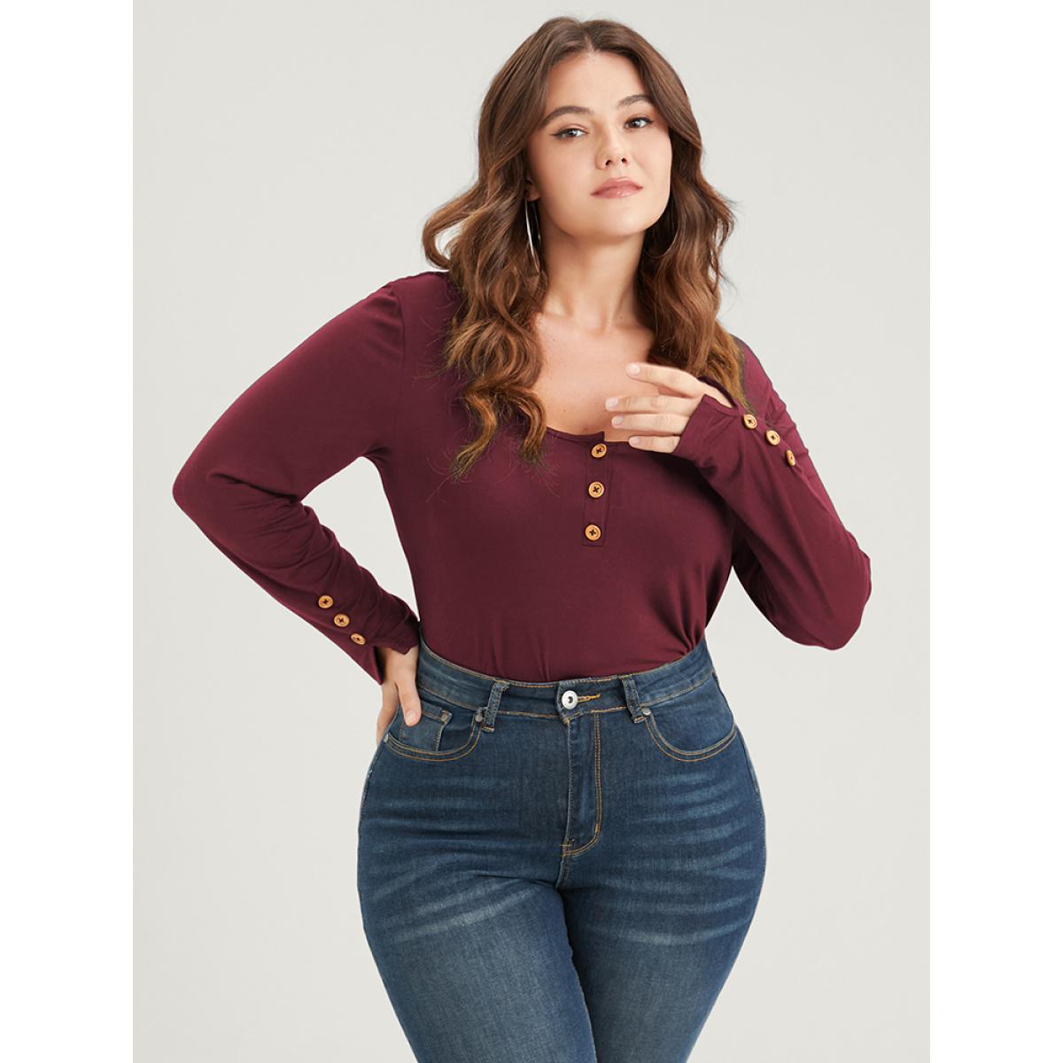Plus Size Plain Button Front Scoop Neck Modal Long Tee Scarlet Women Elegant Button Plain Scoop Neck Bodycon Dailywear T-shirts BloomChic 18-20/2X Product Image