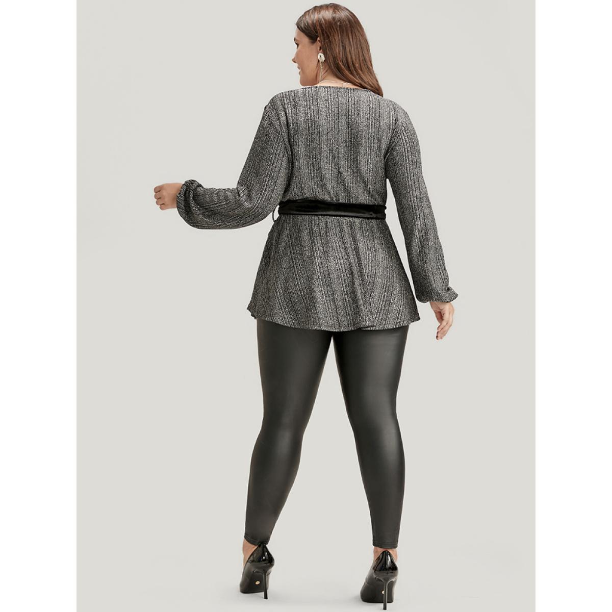 Plus Size Black Solid Wrap Lantern Sleeve Belted Sequin Blouse Women Party Long Sleeve V-neck Going out Blouses BloomChic 10/M Product Image