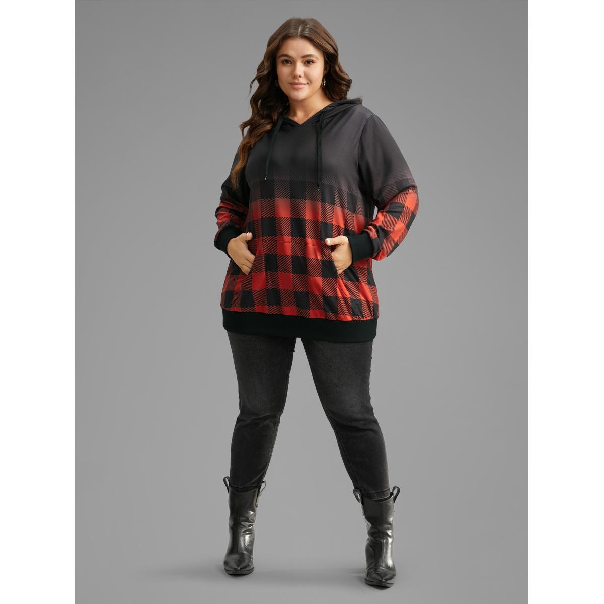 Plus Size Rib Knit Ombre Plaid Pocket Hooded Sweatshirt Women Red Casual Rib Knit Hooded Festival-Christmas Sweatshirts BloomChic 18-20/2X Product Image