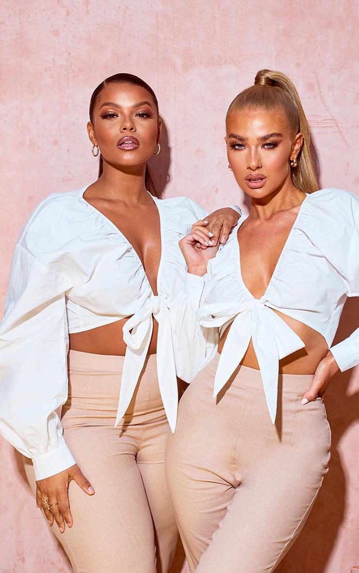 Plus White Tie Front Ruched Blouse Product Image