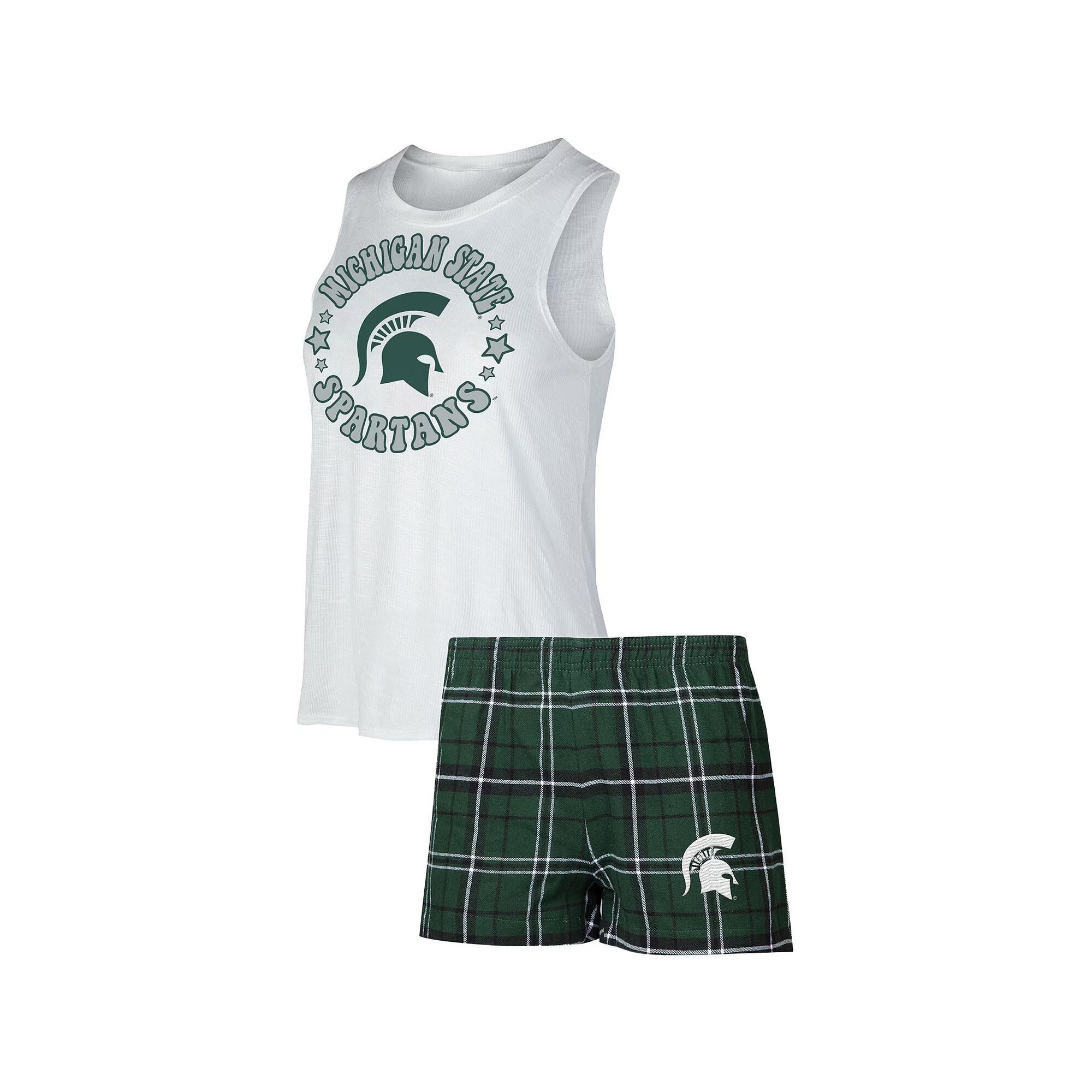 Women's Concepts Sport Hunter Green/White Michigan State Spartans Ultimate Flannel Tank Top & Shorts Sleep Set, Size: Large Product Image