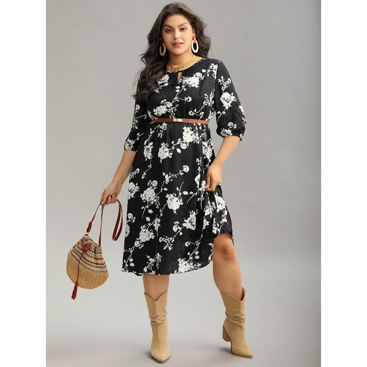 Plus Size Silhouette Floral Print Texture Keyhole Lantern Sleeve Dress Black Women Vacation Elastic cuffs Keyhole Cut-Out Elbow-length sleeve Curvy Midi Dress BloomChic 10/M Product Image