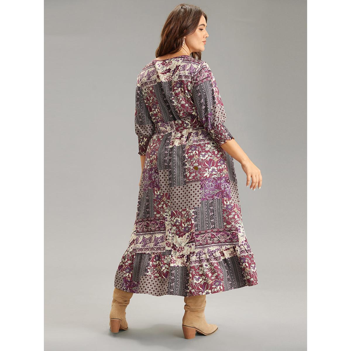 Plus Size Boho Print Belted Shirred Ruffle Layered Hem Dress Purple Women Vacation Belted Round Neck Elbow-length sleeve Curvy Midi Dress BloomChic 10/M Product Image