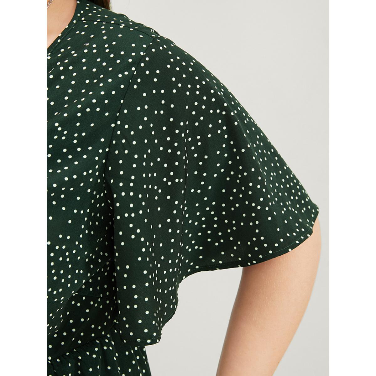 Plus Size Polka Dot Twist Front Pocket Flutter Hem Dress DarkGreen Women Elegant Pocket V-neck Short sleeve Curvy Midi Dress BloomChic 26/4X Product Image