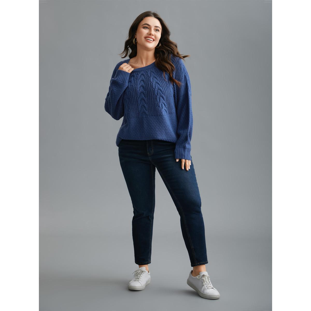 Plus Size Cable Knit Raglan Sleeve Round Neck Pullover Cerulean Women Casual Loose Long Sleeve Round Neck Everyday Pullovers BloomChic 26/4X Product Image