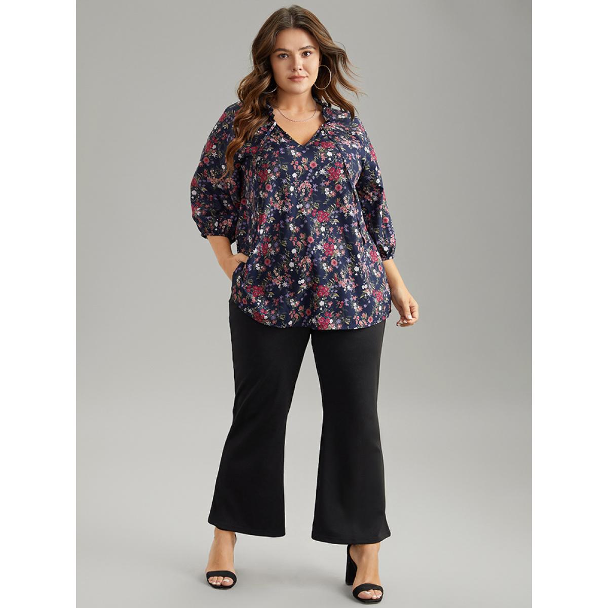 Plus Size Indigo Ditsy Floral Tie Neck Elastic Cuffs Blouse Women Elegant Elbow-length sleeve Tie Neck Dailywear Blouses BloomChic 30/6X Product Image