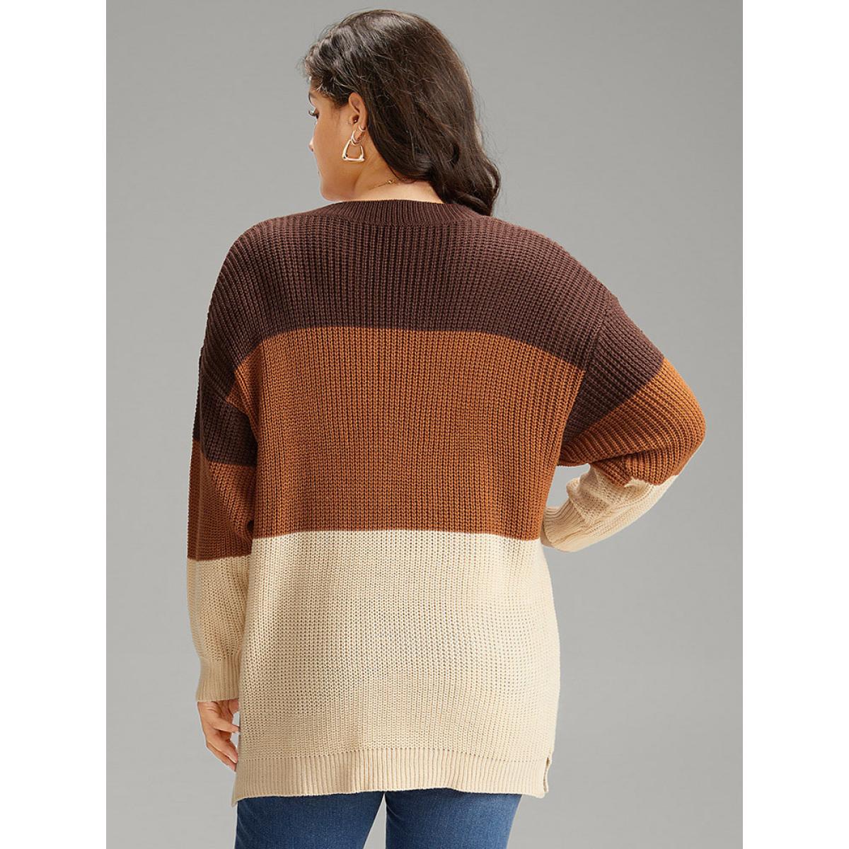 Plus Size Colorblock Patchwork Split Side Drop Shoulder Pullover Multicolor Women Casual Loose Long Sleeve V-neck Dailywear Pullovers BloomChic 22-24/3X Product Image