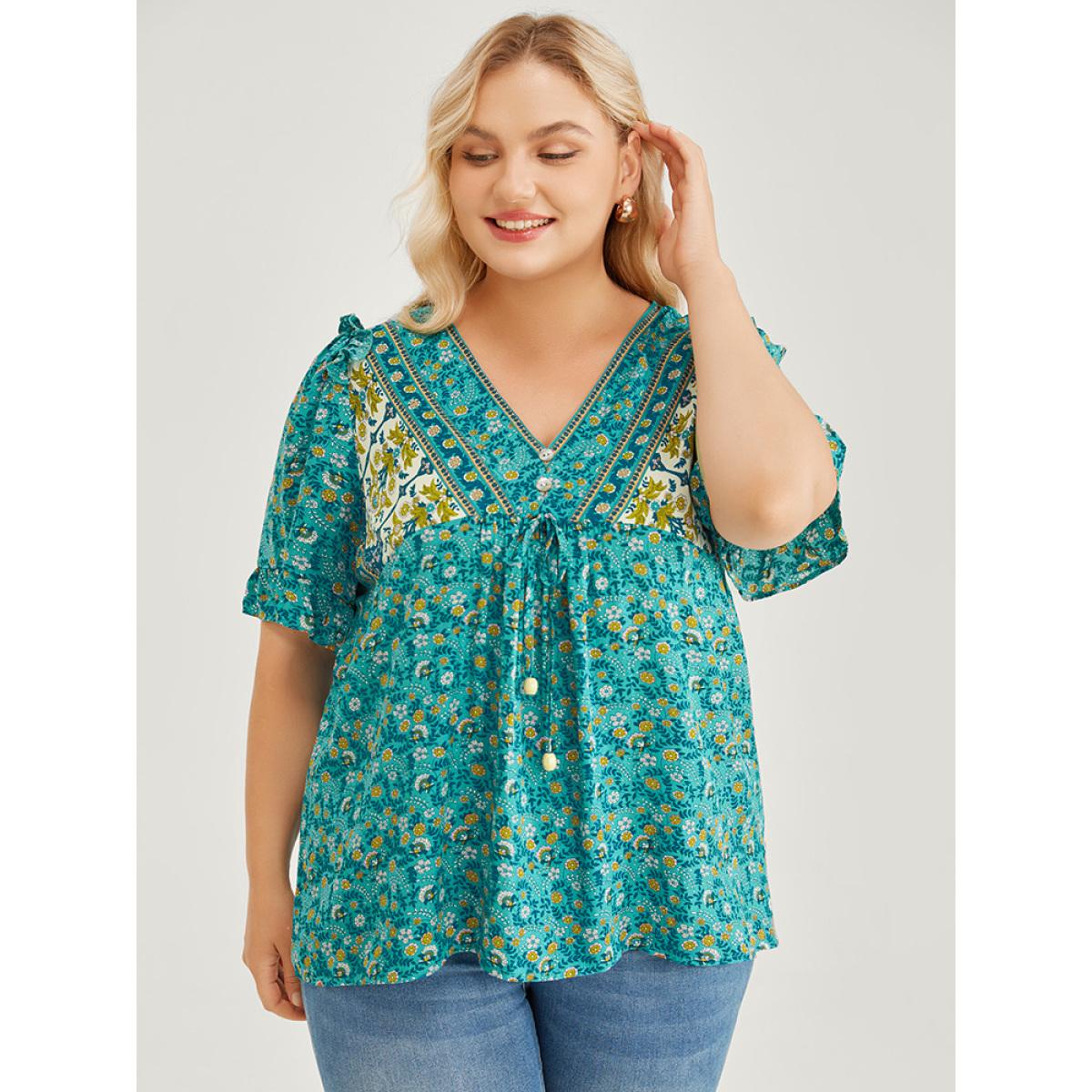 Plus Size Emerald Bandana Ruffle Trim Knot Front Button Detail Blouse Women Elegant Short sleeve V-neck Dailywear Blouses BloomChic 12/L Product Image
