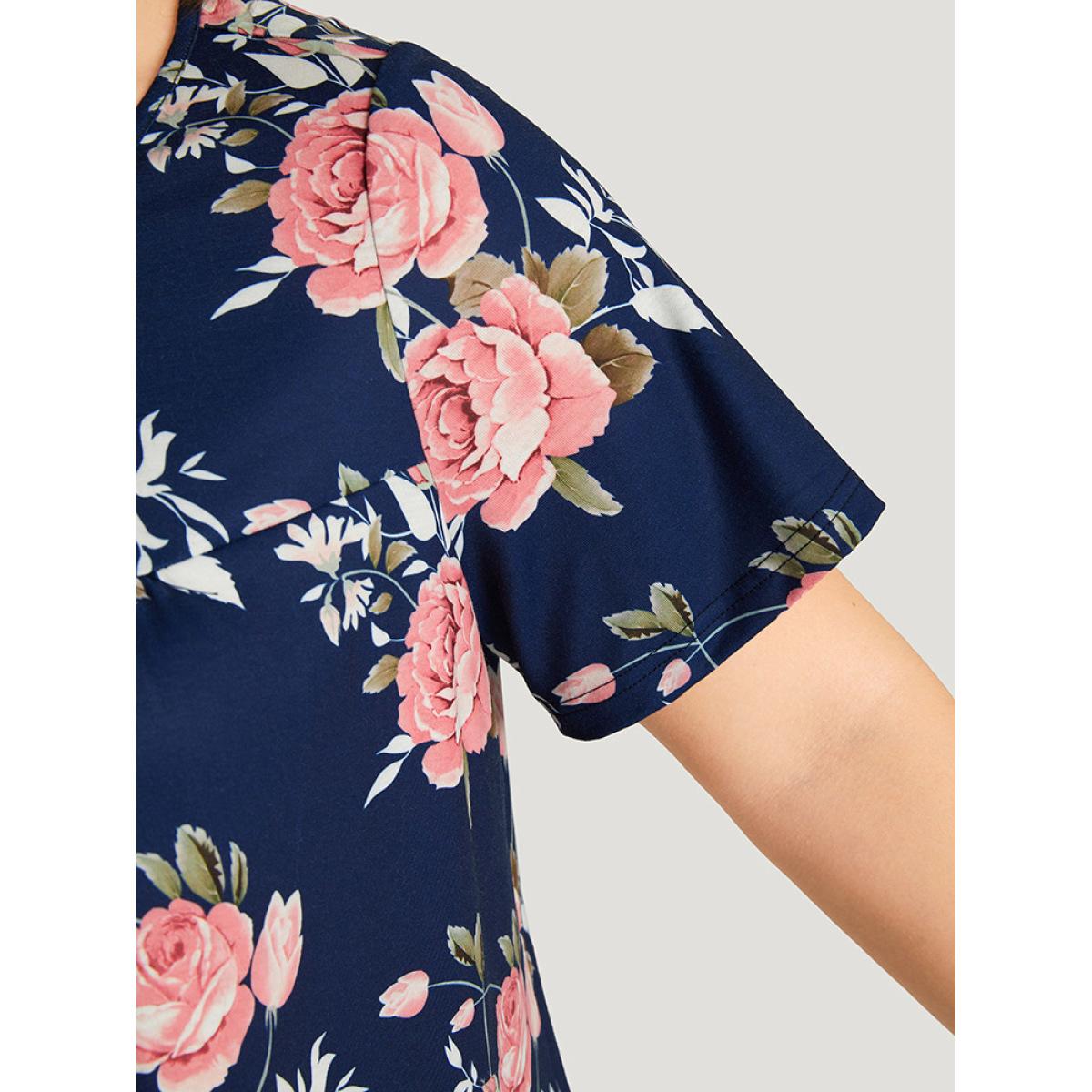 Plus Size Floral Print Button Up Flutter Gathered T-shirt Blue Women Elegant Printed Floral Open Front Dailywear T-shirts BloomChic 30/6X Product Image