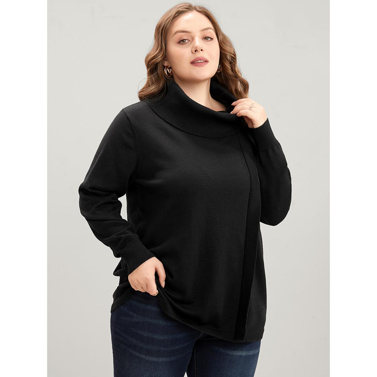 Plus Size Solid Super Soft Knit Tie Funnel Neck Knit Top Black Women Elegant Long Sleeve Turtleneck Dailywear Pullovers BloomChic 22-24/3X Product Image