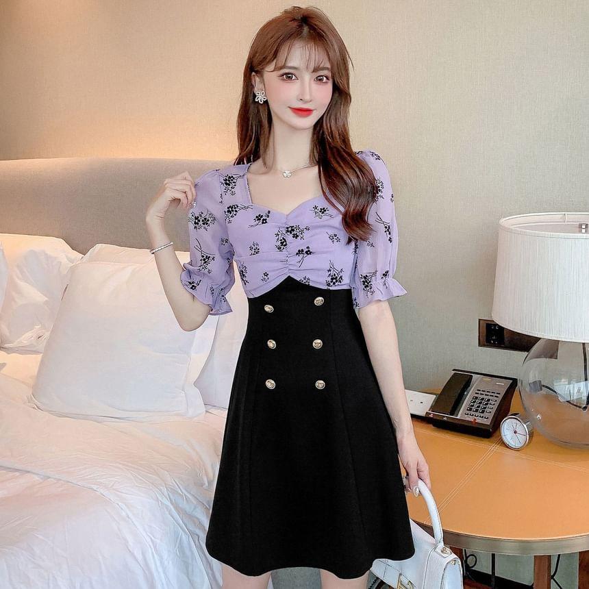 Short-Sleeve Floral Panel Double-Breasted A-Line Dress Product Image