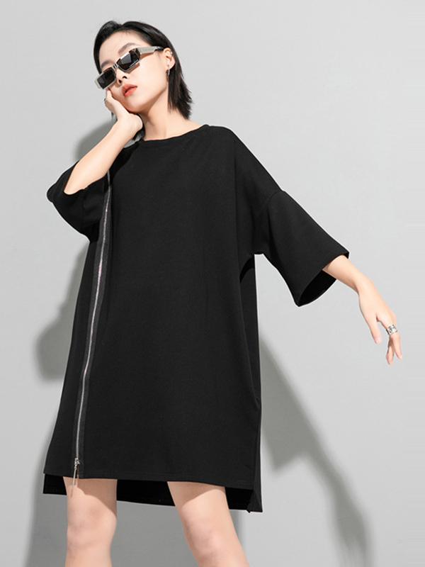 Original Black Zipper Batwing Sleeve Round-Neck Mini Dress Product Image
