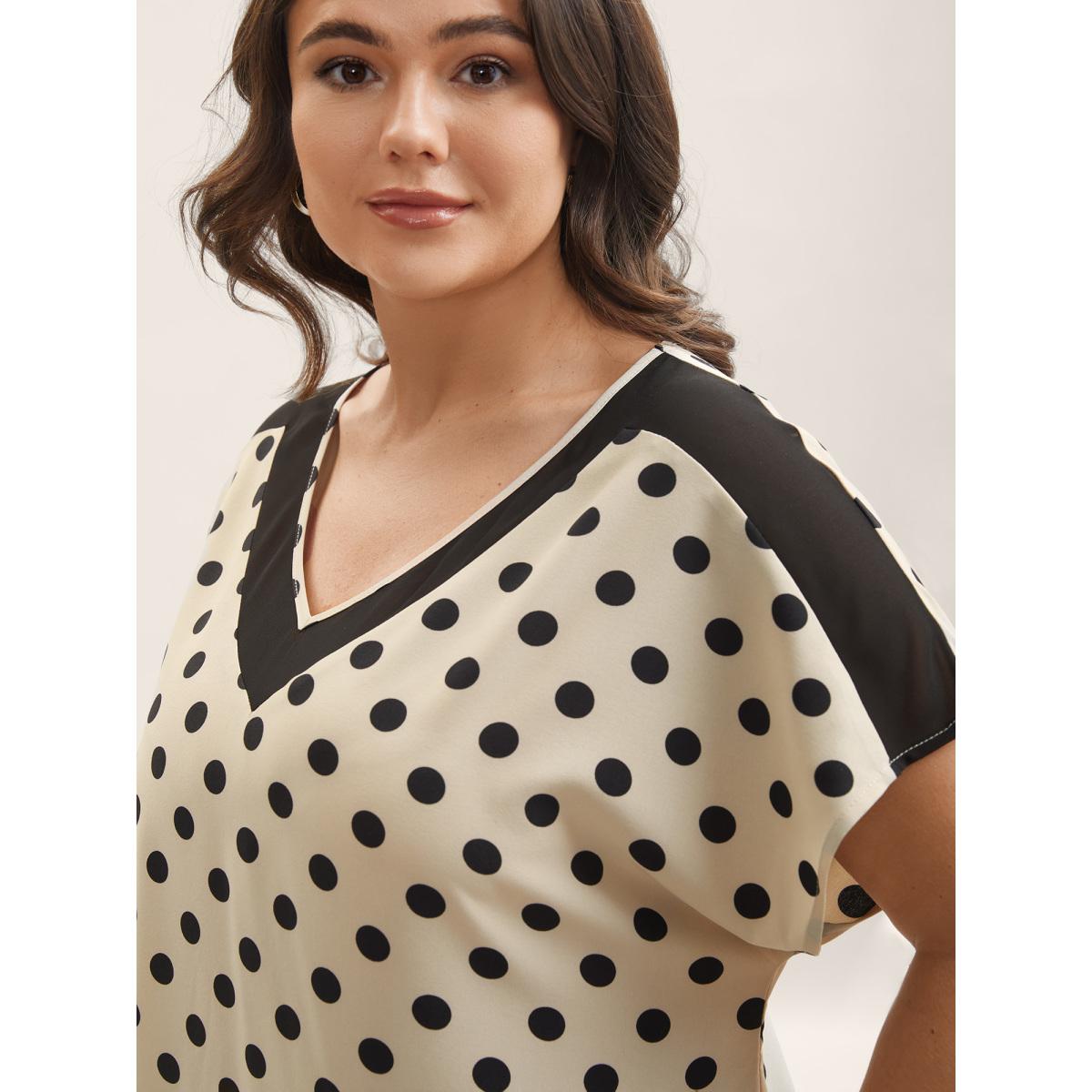 Plus Size Champagne Polka Dots Color Contrast Blouse Women Short sleeve V-neck Work Blouses BloomChic 26/4X Product Image