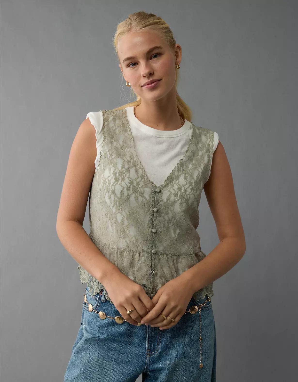 AE Lace Button-Up Vest Product Image
