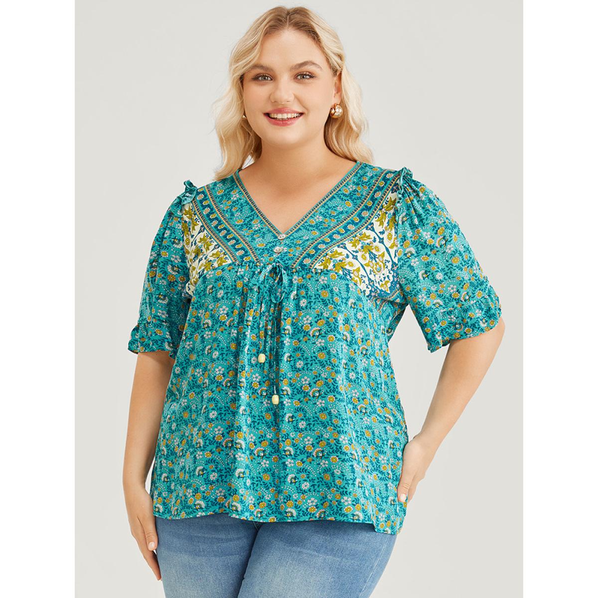 Plus Size Emerald Bandana Ruffle Trim Knot Front Button Detail Blouse Women Elegant Short sleeve V-neck Dailywear Blouses BloomChic 12/L Product Image