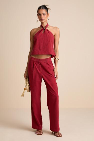 Vivian Rust Red Mid-Rise Straight Leg Trouser Pants Product Image