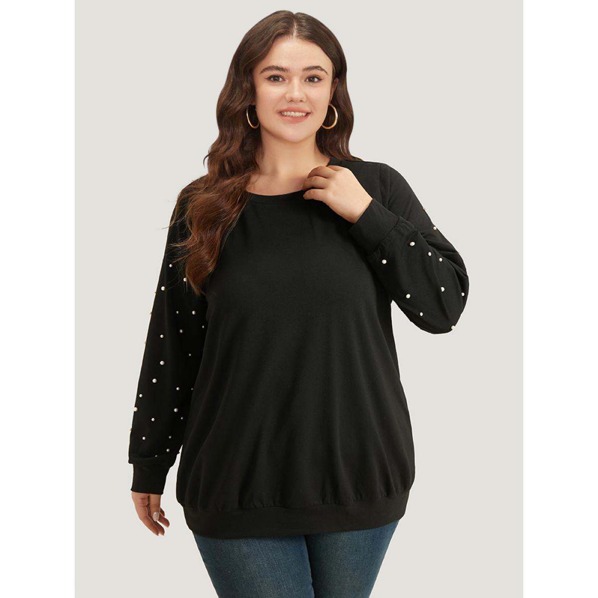 Plus Size Halloween Pearl Beaded Round Neck Sweatshirt Women Black Elegant Elastic cuffs Round Neck Festival-Halloween Sweatshirts BloomChic 18-20/2X Product Image