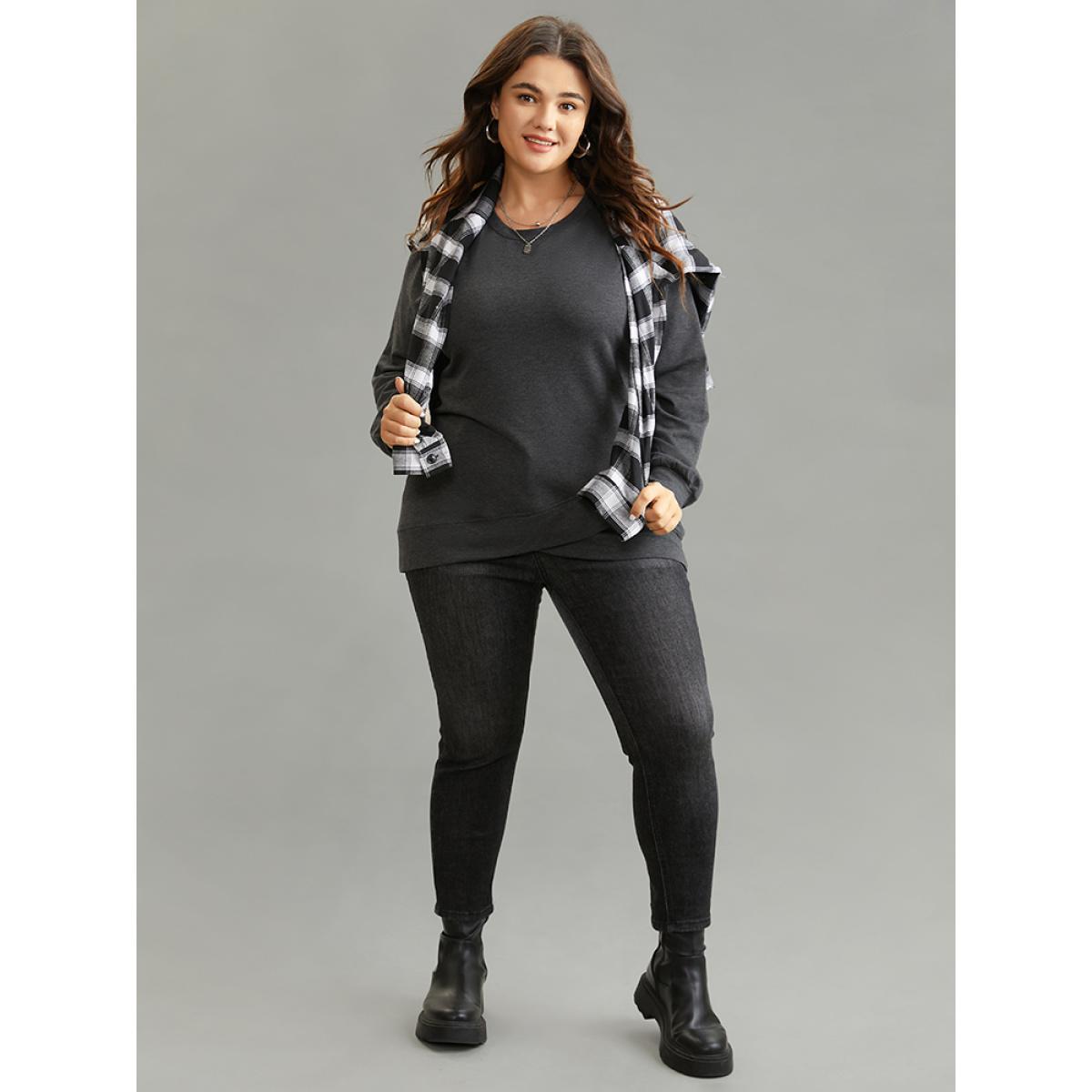 Plus Size Solid Heather Round Neck Wrap Hem Sweatshirt Women DimGray Casual Wrap Round Neck Dailywear Sweatshirts BloomChic 10/M Product Image