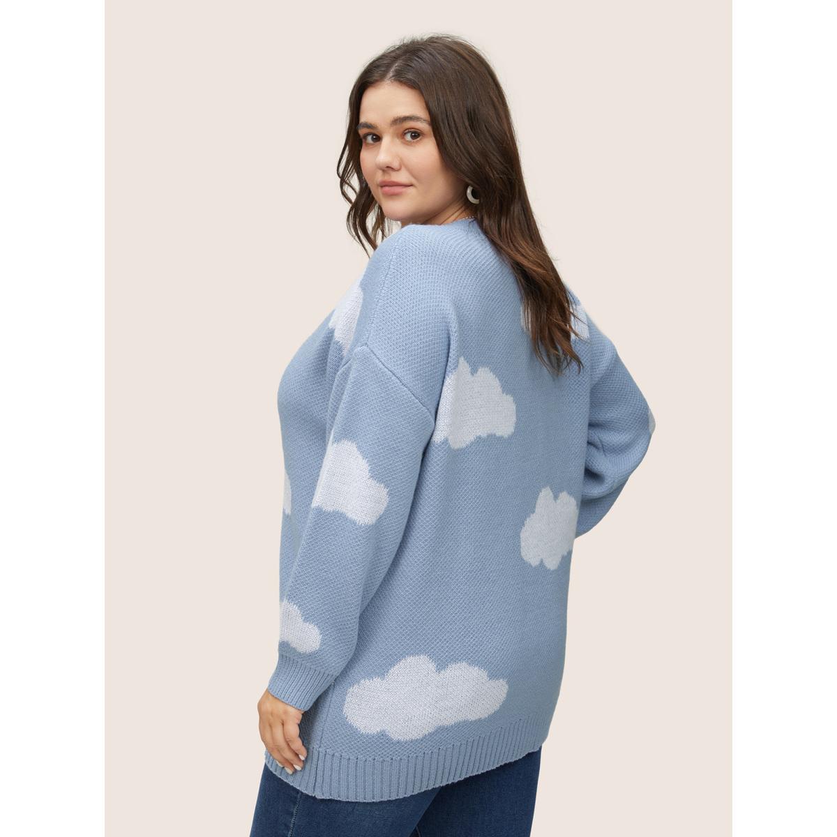Plus Size Blue Sky White Clouds V Neck Pullover Stone Women Casual Long Sleeve V-neck Everyday Pullovers BloomChic 30/6X Product Image