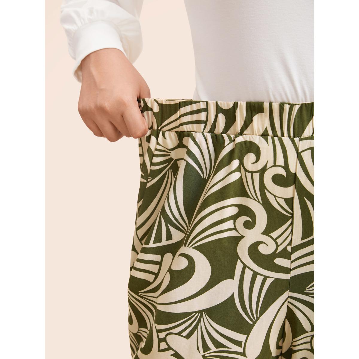 Plus Size Tropical Print Wide Leg Mid Rise Pants Women Moss Casual Wide Leg Mid Rise Everyday Pants BloomChic 28/5X Product Image