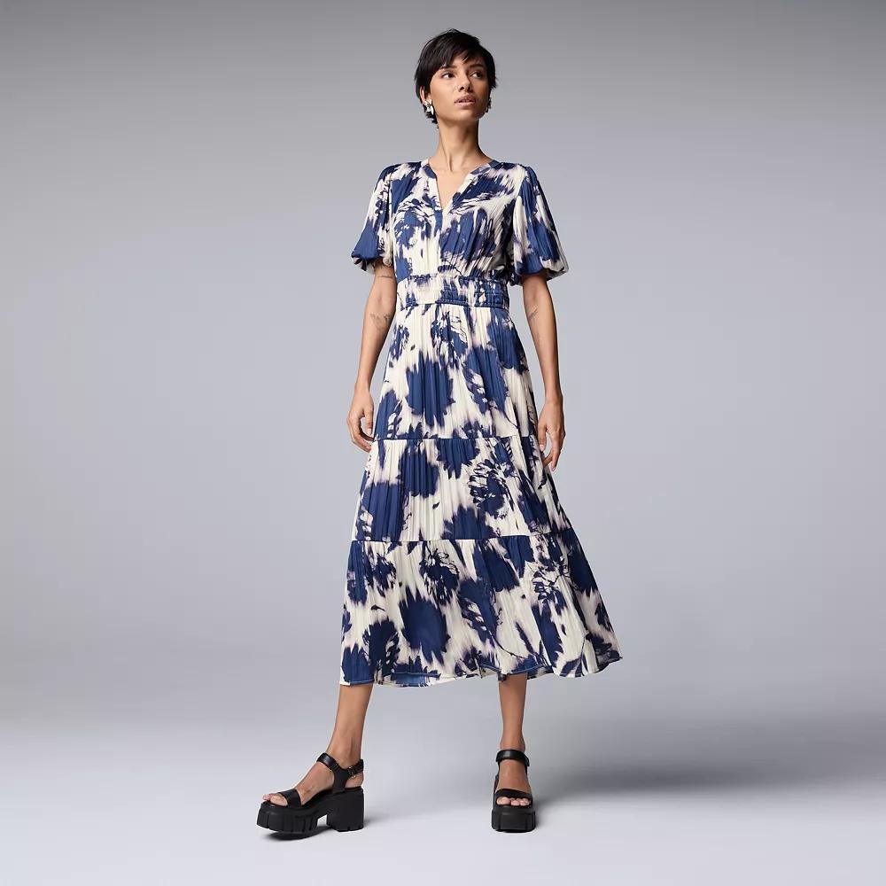Women's Simply Vera Vera Wang Short Sleeve Maxi Dress, Size: Medium, Beige Navy Floral Product Image