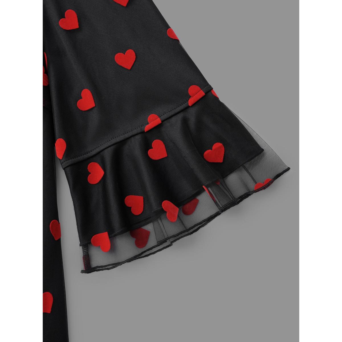 Plus Size Black V-Neck Hearts Mesh Lace Detailing Blouse Women Elegant Elbow-length sleeve V-neck Everyday Blouses BloomChic 14-16/1X Product Image