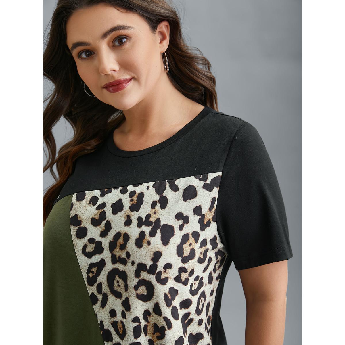 Plus Size Leopard Print Contrast Patchwork Fitted T-Shirt Multicolor Women Casual Contrast Round Neck Everyday T-shirts BloomChic 18-20/2X Product Image